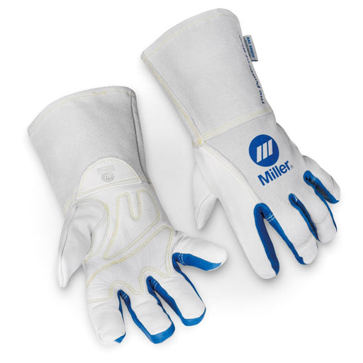 white and blue miller mig welding gloves showing palm of right hand and back of left hand