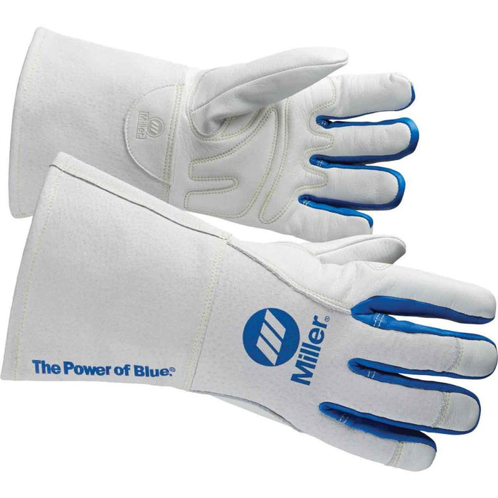 white and blue miller mig welding gloves showing back of right glove palm of left glove