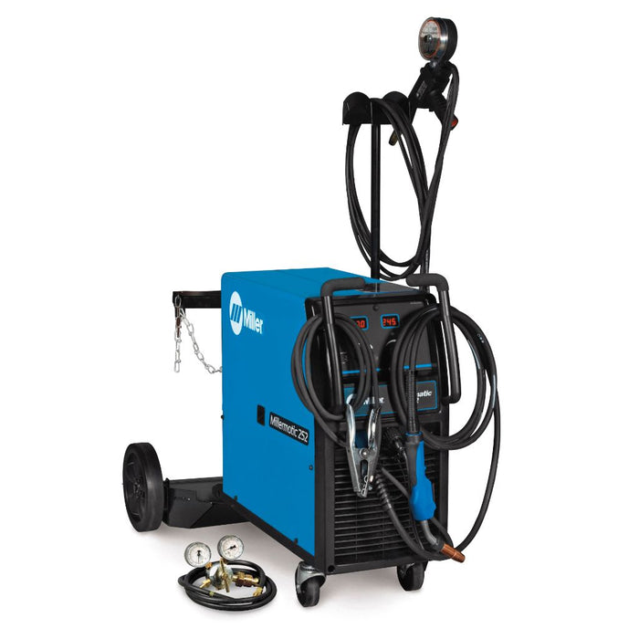 blue miller 252 mig welder on cart showing spool gun, mig torch, ground clamp, and argon regulator