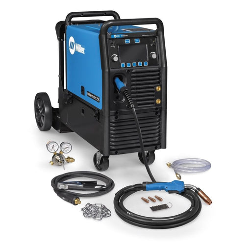 blue miller millermatic 255 heavy duty mig welder on cart with ground clamp mig torch and argon regulator