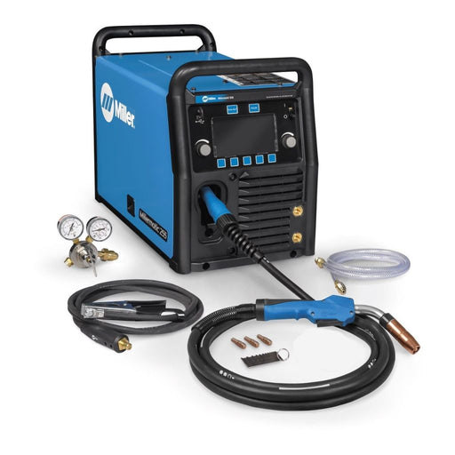 miller millermatic 255 HD pulsed mig welder with mig torch, ground clamp, and argon regulator