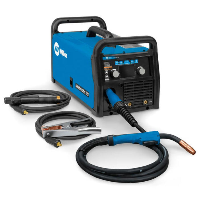 miller multimatic welder next to mig torch, ground clamp, and stick stinger