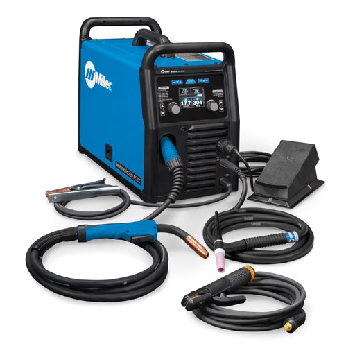 miller multimatic 220 welder showing accessories ground clamp mig torch tig torch stick stinger and foot pedal