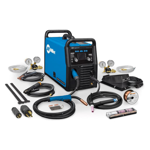 miller multimatic multiprocess welder package showing mig torch tig torch regulators foot pedal welding wire and tig consumables