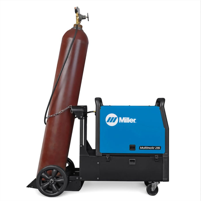 full assembly of miller multimatic 235 welder on cart with argon bottle at rear