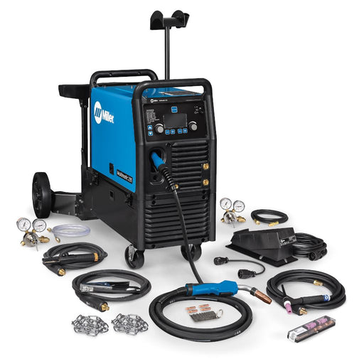 miller multimatic 235 multiprocess welder on cart with full package including mig torch, tig torch, foot pedal, ground clamp, stick stinger, argon regulators, and tig accessory kit