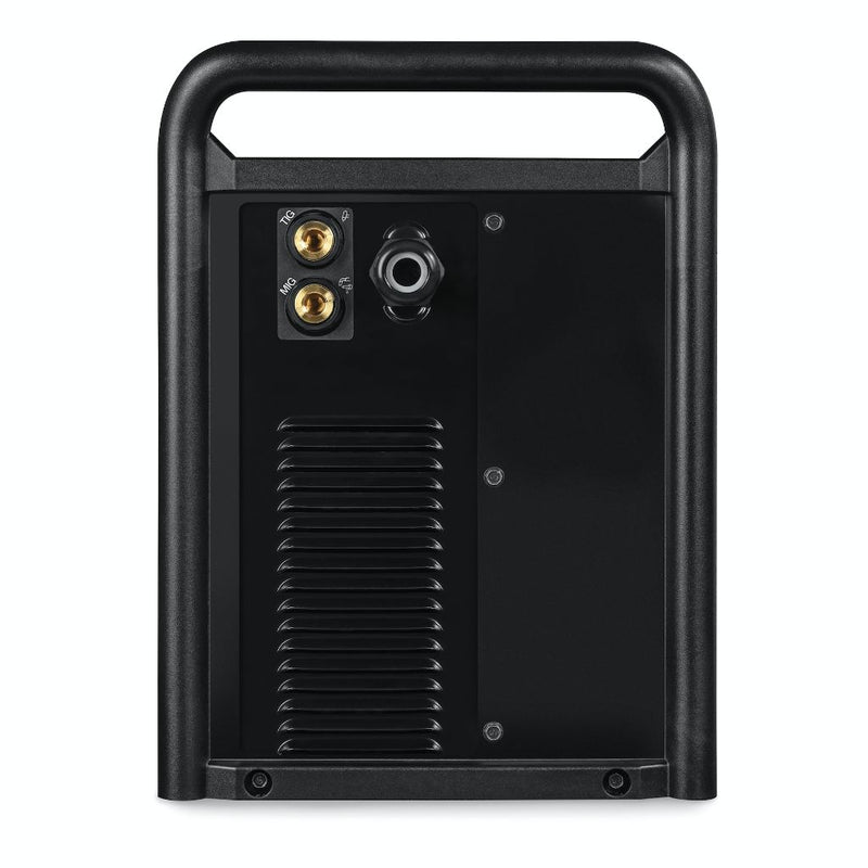 rear of miller multimatic 235 welder showing dual gas ports for mig and tig welding