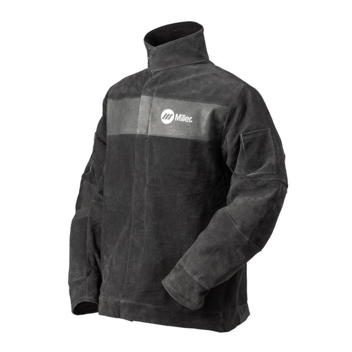 black leather welding jacket showing miller logo