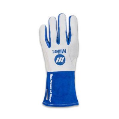 view of back of white and blue Miller tig welding gloves