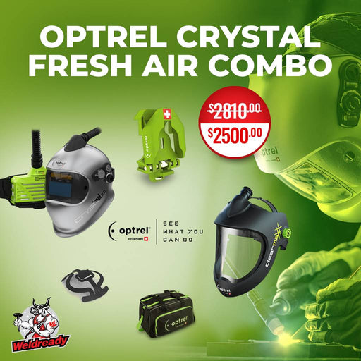 promotional image for an optrel crystal welding helmet with fresh air supply grinding shield headgear upgrade and carrying bag