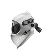 optrel crystal silver welding helmet side view showing external controls grind button and head gear