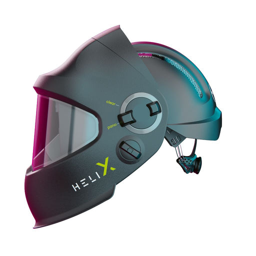 side view of optrel helix clt welding helmet showing controls