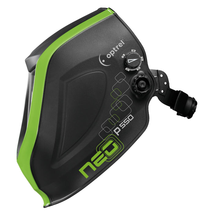 optrel neo p550 welding helmet black with green stripe external control knob side view