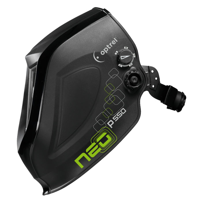 optrel neo p550 welding helmet side view showing external shade level adjustment