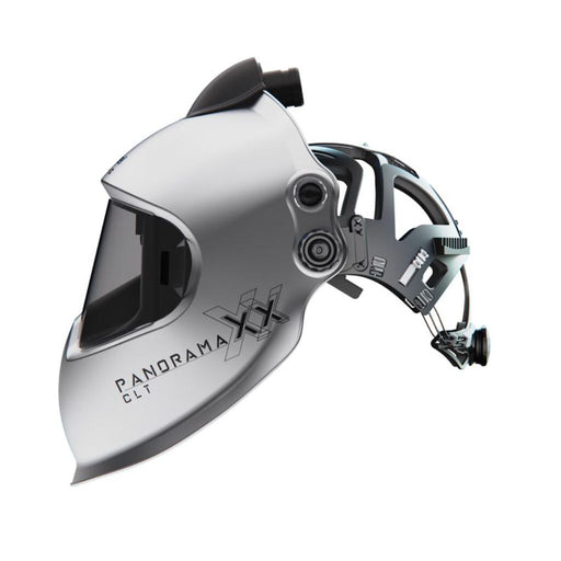 optrel panoramaxx clt papr welding helmet side view showing isofit headgear and air hose port. Heat reflective silver color