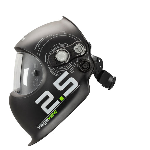 optrel vegaview 2.5 welding helmet side angle showing controls and headgear