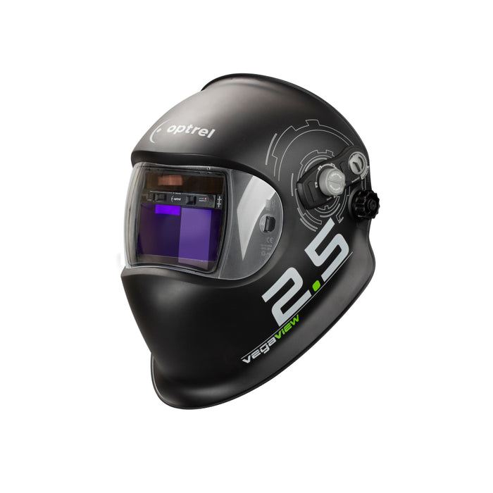 Optrel vegaview 2.5 black welding helmet showing logo and controls