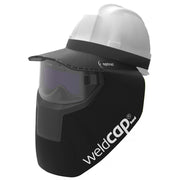 Optrel weldcap installed on a hard hat angled on a side with weldcap hard writing displayed