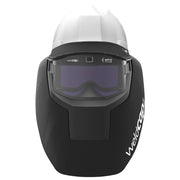 front view of optel weldcap hard installed on hard hat showing auto darkening lens