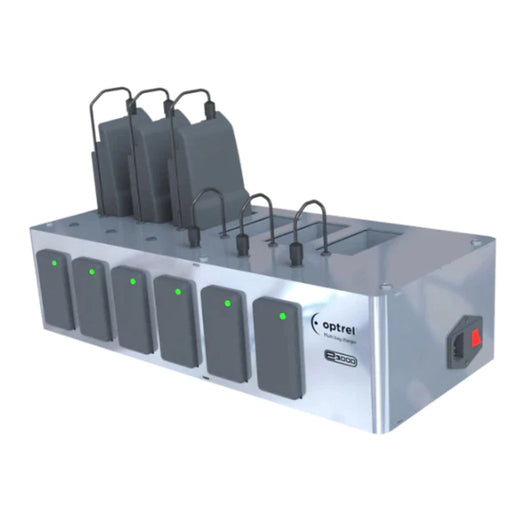 Optrel multi bay battery charger showing 3 batteries charging