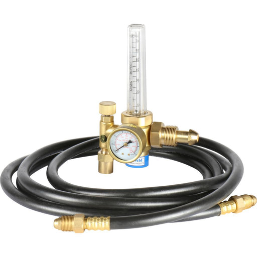 inert gas regulator flowmeter with machined brass fittings coiled black argon hose and metal ball in cylinder visible - angled to left