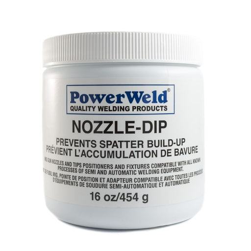powerweld welding anti spatter MIG nozzle dip in white container that reads "nozzle dip prevents spatter build up"