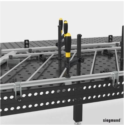 siegmund flex stops being used to position metal railing on welding table