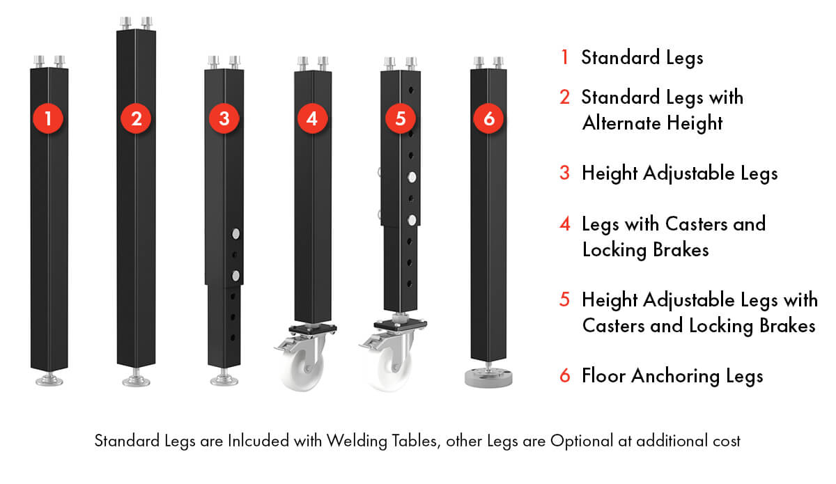 leg options available for siegmund system 16 welding table