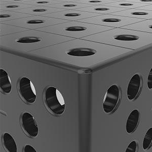 corner view showing top surface holes and side holes on siegmund system 28 welding table