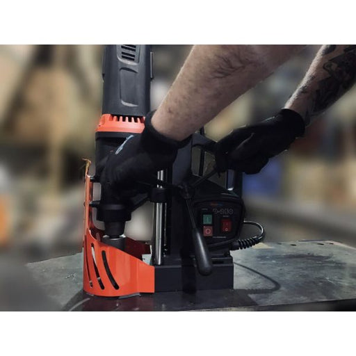 Steelmax D250X Magnetic Drill Press in use - Side view