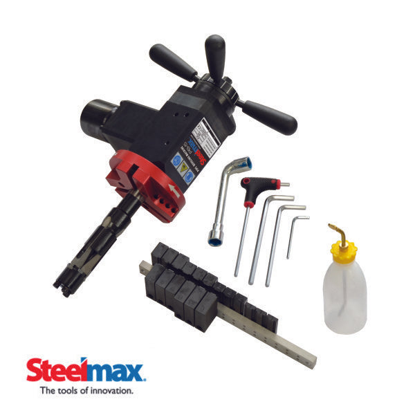 Steelmax PB5 portable pipe beveling machine set with wrenches and bottle