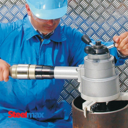 Steelmax PB10 portable pipe beveling machine in use