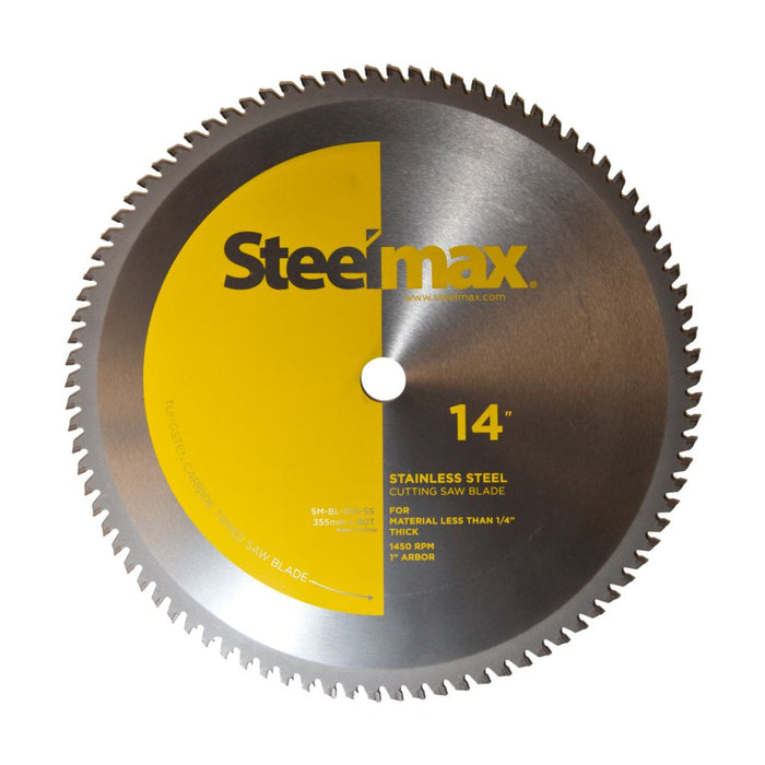 14 inch Steelmax tungsten carbide tipped TCT metal cutting saw blade for stainless steel. Round blade for chop saw and circular saw.