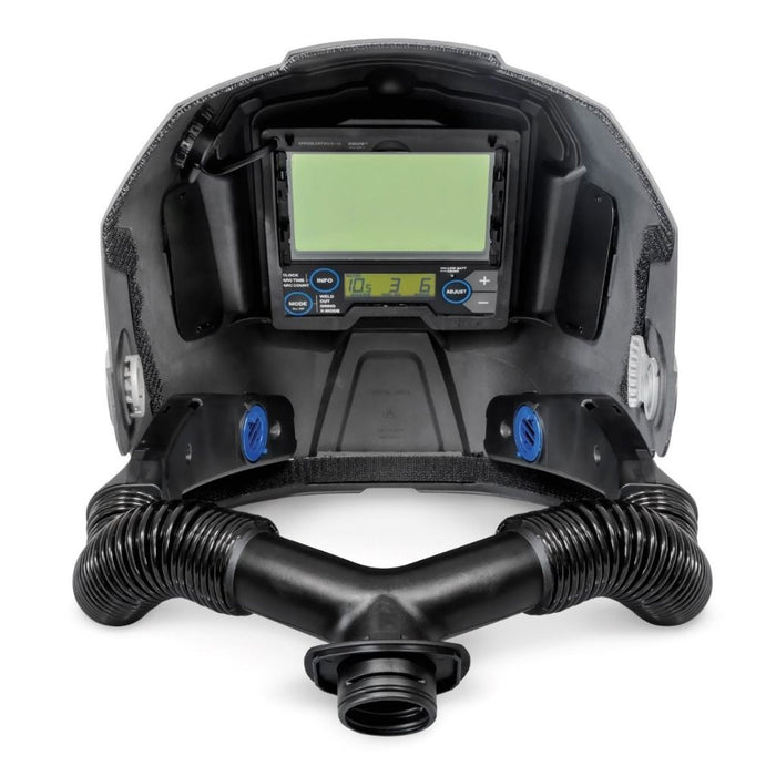 Interior view of Miller T94i-R PAPR helmet, displaying screen controls and view window.