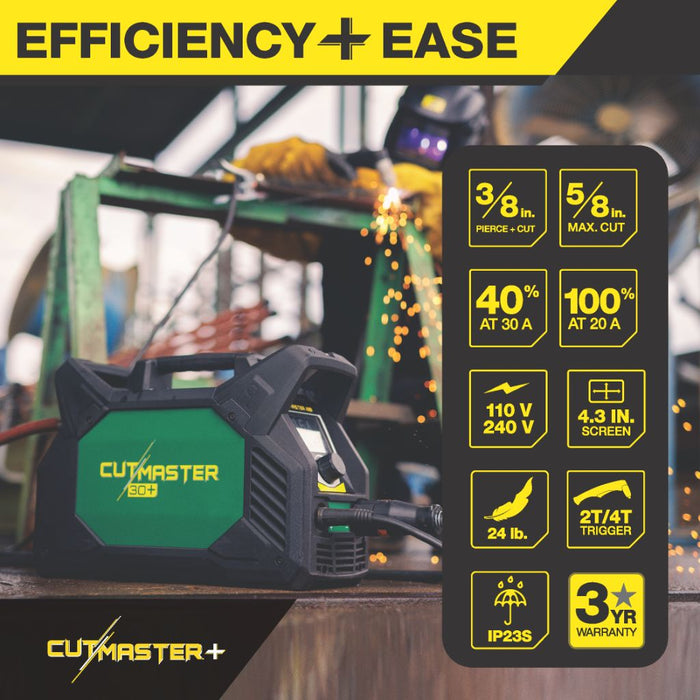 infographic of thermal dynamics cutmaster 30 plasma cutter with man cutting steel in back ground