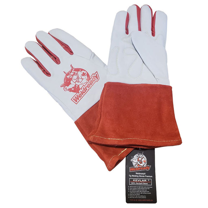 a pair of white and red leather tig welding gloves showing weldready logo 