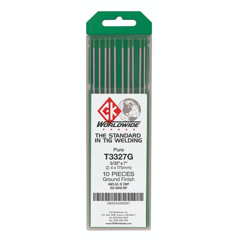 10 pack of green tungsten electrodes showing ck worldwide logo