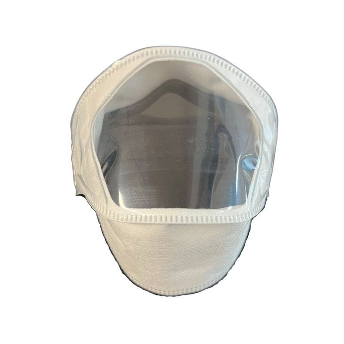 front view of clear n95 respirator mask with emphasis on large viewing window