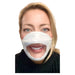 close up of white woman wearing a clear n95 respirator mask and smiling