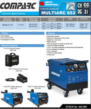one page sheet showing specifications of comparc multiarc 652 heavy industrial mig welder