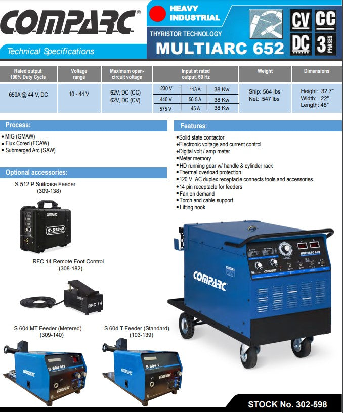 one page sheet showing specifications of comparc multiarc 652 heavy industrial mig welder
