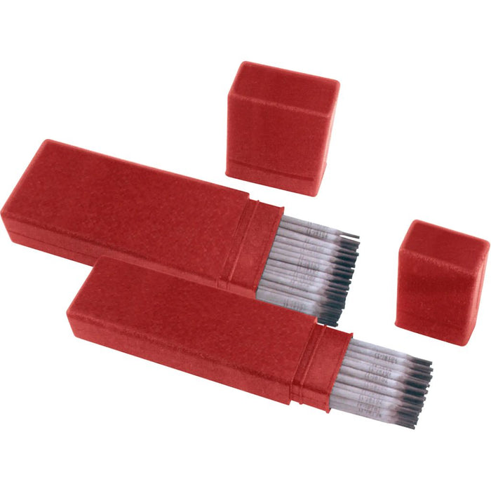 two side by side packs of 6010 stick electrodes showing grey flux and red plastic packaging