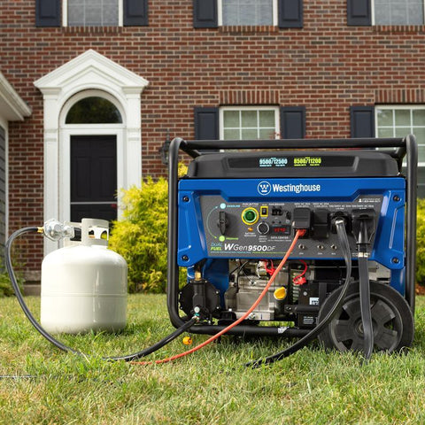westinghouse 9500w generator connected to propane tank in front of house
