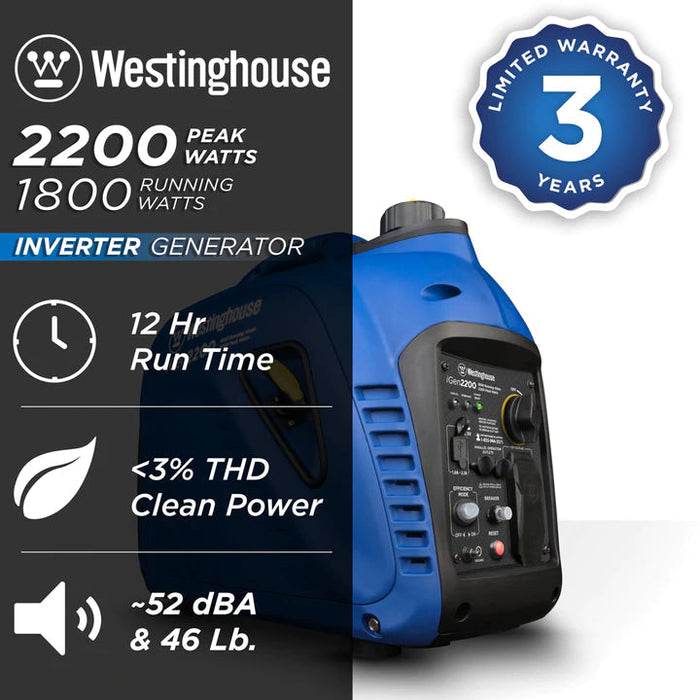 westinghouse igen2200 inverter generator spec sheet showing 2200 peak watts, 12 hour run time, 52 dBA