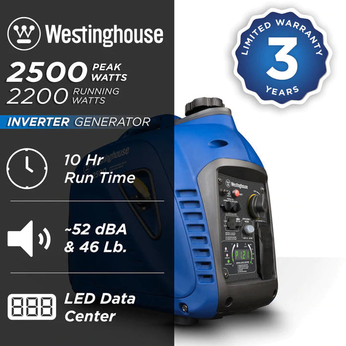 westinghouse igen2500 inverter generator spec sheet showing 2500 peak watts, 10 hour run time, 52 dBA, and LED data center